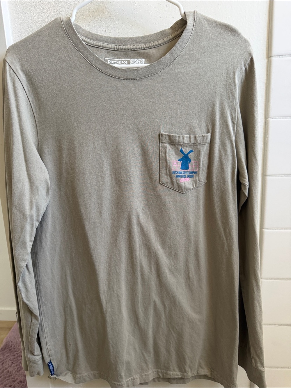 Dutch Bros Taupe Long Sleeve Pocket Tee with Blue & Pink Logo